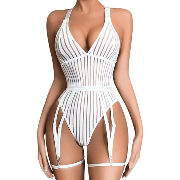 i&Shi Sexig Ribbad Topp, Djup V-ringning, Knäppning i Grenen, Benrem, Rygglös 3-delad Body Vit 4-6
