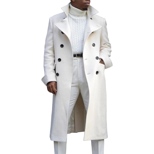 THRON Herr Casual Trenchcoat Slim Fit Notch Krage Lång Jacka Overcoat Enkelknäppt Peacoat med Fickor B-vit Stor