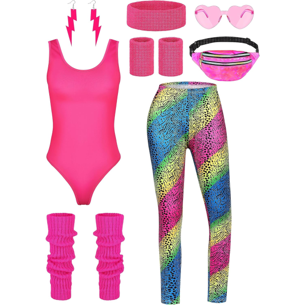 HSO 8 delar Kvinnor 80-tals träningskostym Halloween 90-tals Outfit Accessoarer Set Leotard Bum Bag Glasögon Pannband Benvärmare Hot Pink + Irid 3X-Large