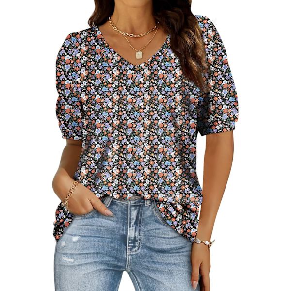 ens Sommartoppar V-hals Puffärm Lös Passform Mode Casual T-shirts S-2XL 03-blomgrupp Liten