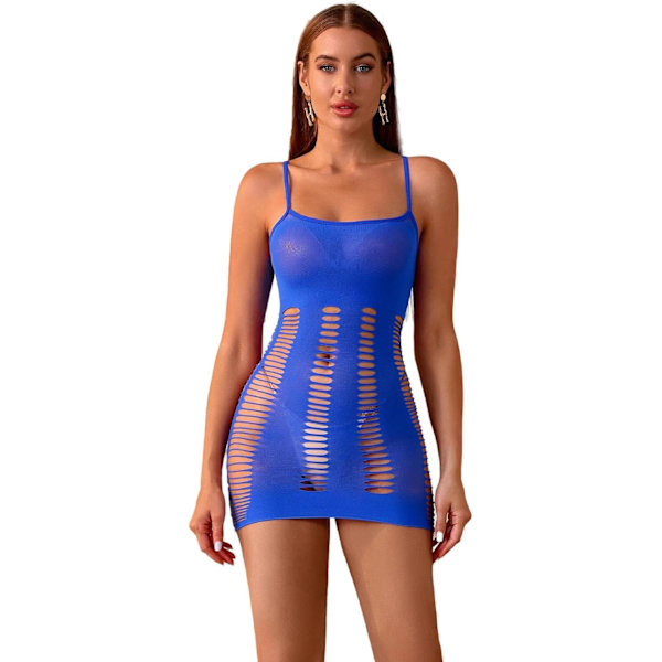 der Whisper Damkläder Sexig Nätstrumpor Body Stretchy Lingerie Genomskinlig Halterneck Klänning Ihålig Bodystocking Chemise Blå