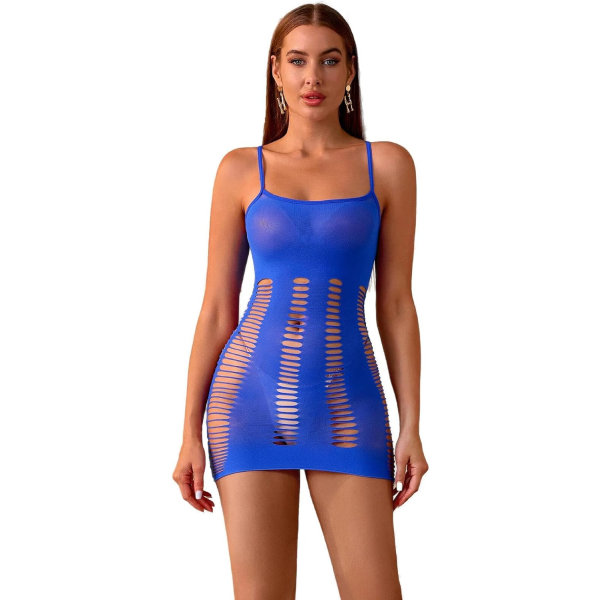 der Whisper Sexig Fishnet Bodysuit för kvinnor Stretchiga underkläder Se Through Halter Dress Hollow Out Bodystocking Chemise Blue