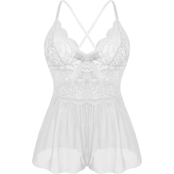 nalla Dam Lingerie Body V-ringad Teddy Blomspets Genomskinlig Mesh En Delig Sexig Babydoll Vit Stor