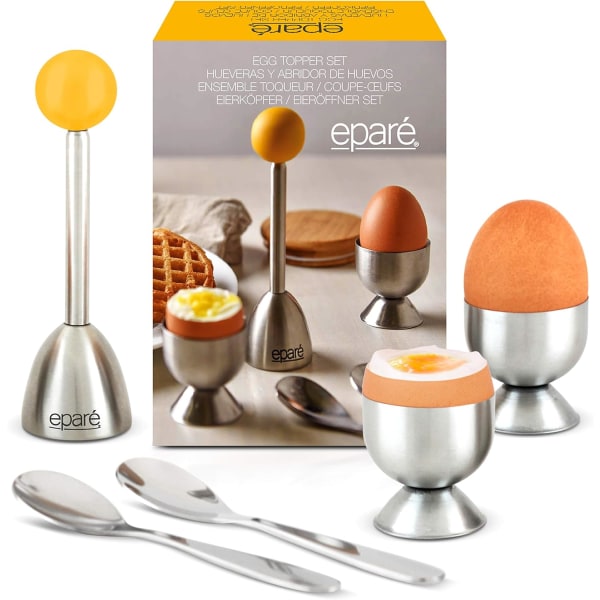 E Cracker Topper Set - Komplett set för mjukkokta ägg - Innehåller äggkoppar skärare och skedar - Hållare kopp sked och skalare - Easy Eggs Opener från Eparé