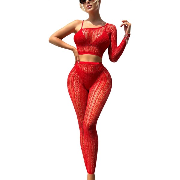 der Whisper Damkläder Bodysuits Babydoll Fishnet Stretc Lace Tight Hollow Out En Axelband Underkläder Set Outfits Bodycon Röd