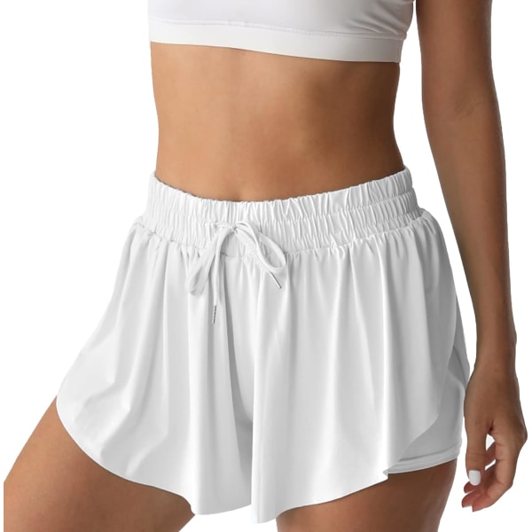Atletiska shorts för kvinnor löpning tennis fjärilsshorts flickor 2-i-1 dubbellager snabbtorkande bekväma shorts Milky White Large