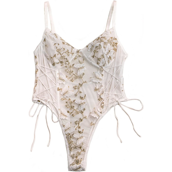 osy Kvinnor Sexig Spets Upp Blommig Broderad Teddy Lingerie Bodysuit Topp Mesh Sheer One Piece Butterfly Butte Liten