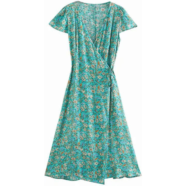 ivimos Dam Sommar Kortärmad Blommig Tryck V-hals Wrap Midi Klänning med Slit Grön Liten