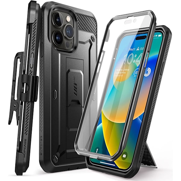 CASE Unicorn Beetle Pro Fodral för iPhone 14 Pro 6.1\", med inbyggt skärmskydd & stativ & bältesklämma Heavy Duty R Svart