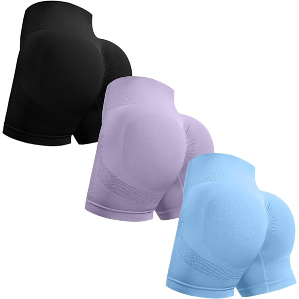 ORT 3-pack träningsshorts för kvinnor sömlösa Scrunch Butt Lifting High Waisted Yoga Gym Booty Running Short Pants Svart/Baby Blue/Lila Medium
