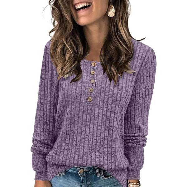 MOON Dam Lätta Tröjor 2024 Långärmad Henley Skjorta Höst Casual Crewneck Tunika Toppar Lila Medium