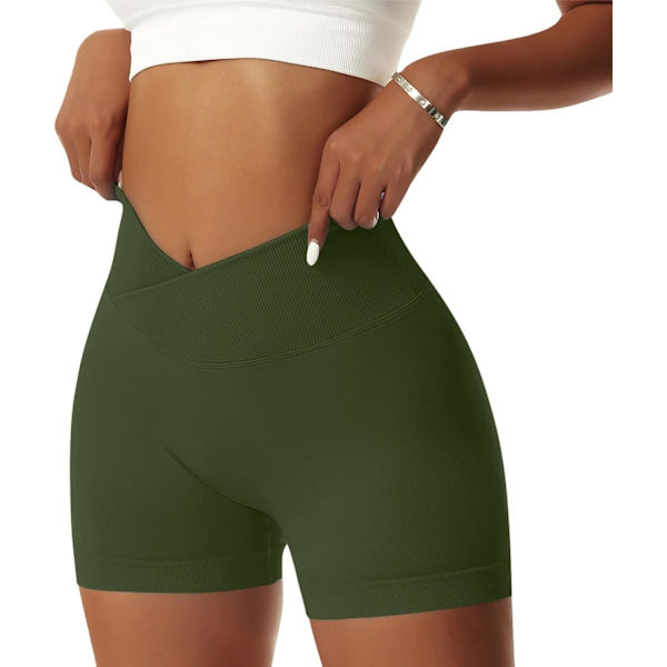 ie Dam GYM Shorts V Cross Elastisk Push Up Yoga Shorts Booty Scrunch Hög Midja Atletiska Leggings Armégrön X-Small