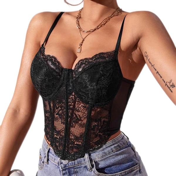 USS Spetskorsett Topp V-hals Elastiska Remmar för Fest Streetwear Utekväll Festkorsett Toppar för Kvinnor Bustier Svart X-Small