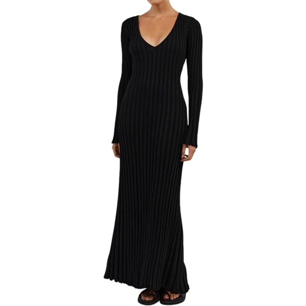 SIOR Dam långärmad rynkad plisserad ribbad stickad maxiklänning med rund halsringning, bodycon, volangkant, Y2K-tröjklänning, V-ringning, svart, medium