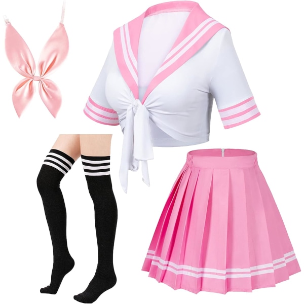 anese Anime Schoolgirl Classic Sailor JK Harajuku Crop Top Tie up Plisserad kjol Uniform Seifuku Strumpor Rosett Set Vit Rosa Medium