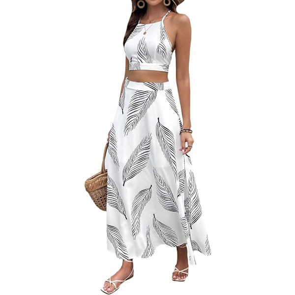 dusa Dam 2-delade outfits Tropisk print Crisscross Tie Back Cami Top och Split Maxi Beach Kjolf Set Vit Medium