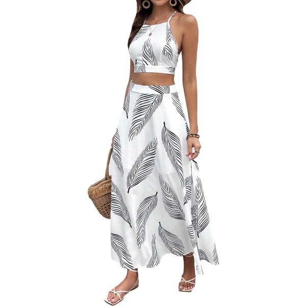 dusa Kvinnors 2-delade Outfits Tropical Print Crosscross Tie Back Cami Top och Split Maxi Beach Kjol Set Vit X-Small