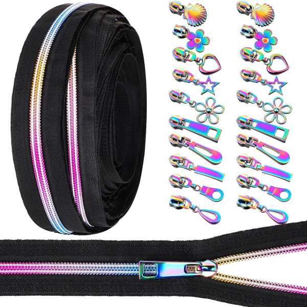 une #5 Rainbow Zipper Tape by The Yard 10 Yards Rainbow Teeth Nylon med 20 st färgglada metallskjutare (10 S