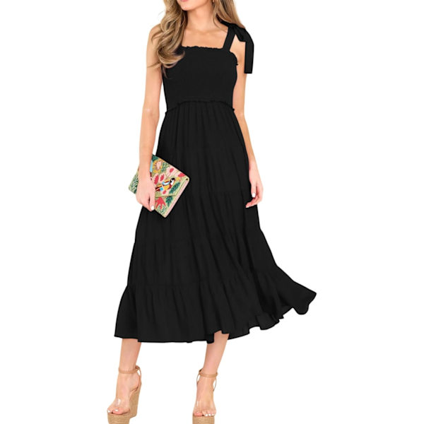 ivimos Dam Sommar Bomull Justerbara Remmar Boho Randig Casual Flowy A Linje Midi Klänning med Ficka Svart#2 Stor