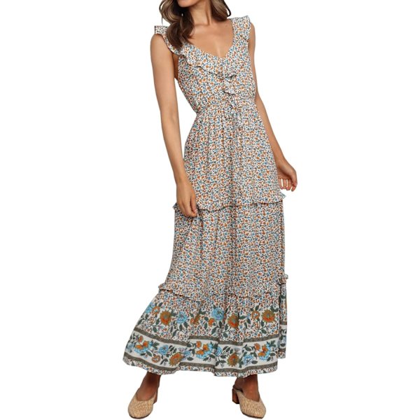 ivimos Dam Sommar Blommig Tryck Bomull V-hals Ruffled Rygglös Klänning Beige X-Small