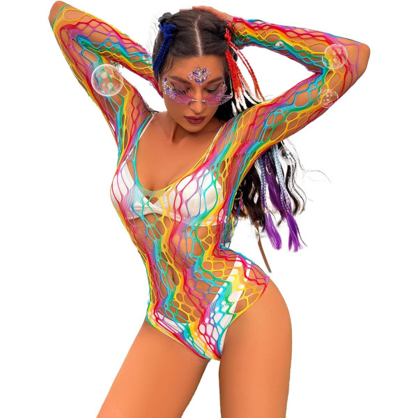 sv Rave Rainbow Randig Push Up Baddräkt Bikini Se Through Mesh Body Strandkläder för dansfestivaler X Flerfärgad One Size