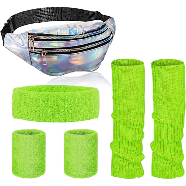 INIOR 80-talets dam neon benvärmare set holografisk midjeväska stickade benvärmare pannband handledsvärmare för yoga löpning silver, grön medium