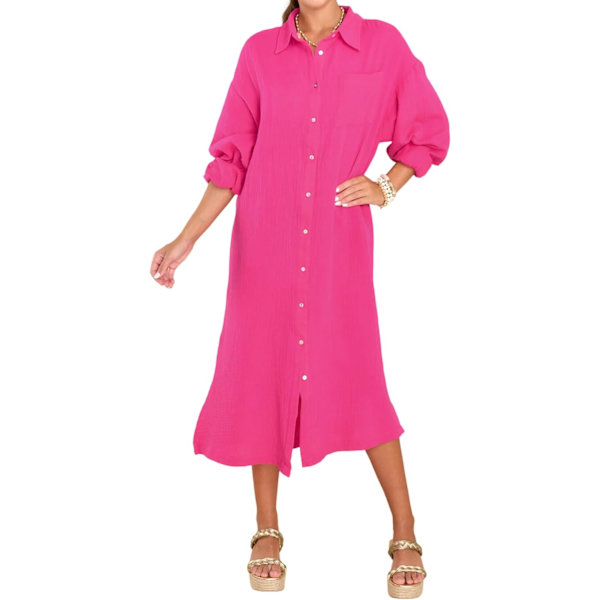 ivimos Dam långärmad bomull oversize klänning casual knäppning lös slits midiklänning med ficka Rosered X-Large