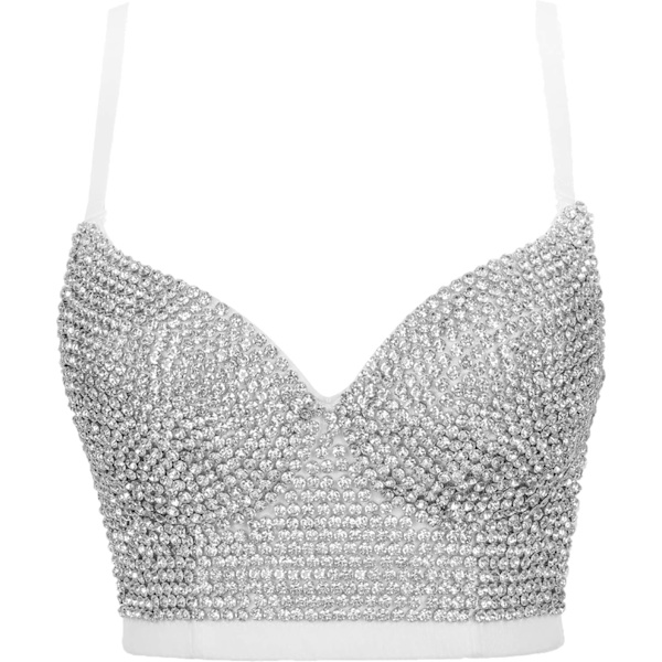 en's Bustier Crop Top Mesh Corset Top Push up Rhinestone Diamond Bra Club Party Vest #2 Vit Liten