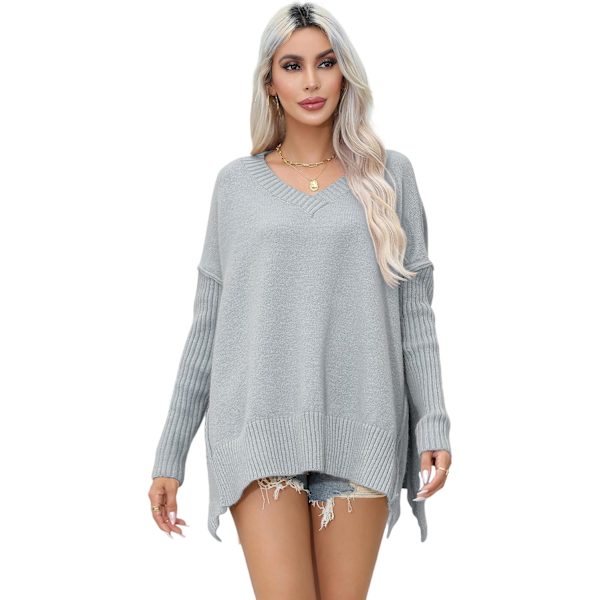 ivimos Dam Överdimensionerad Tröja Höst Långärmad V-ringning Lös Casual Toppar Grovstickad Pullover Sidoslits Varm Tröja Grå Medium