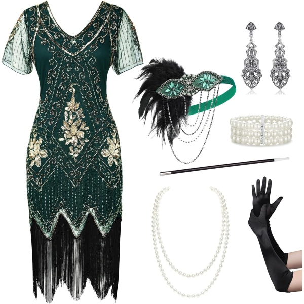 EYOND Plus Size 1920-tal Art Deco fransad paljettklänning Flapper Gatsby kostymklänning för kvinnor Set - Mörkgrön XX-Large
