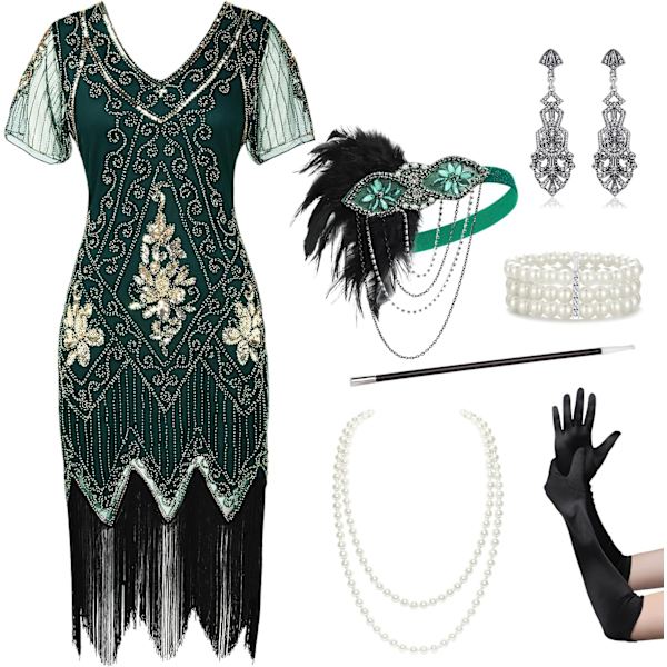 EYOND Plus Size 1920-talets Art Deco Fransad Paljettklänning Flapper Gatsby Kostymklänning för Kvinnor Set - Mörkgrön 3X-Large