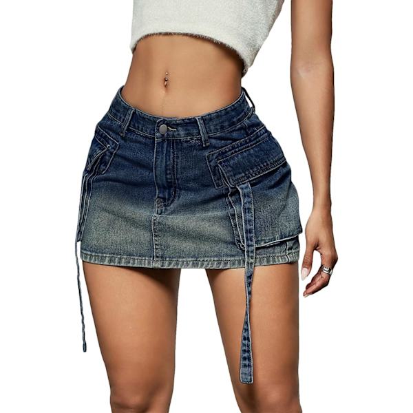 dusa Dam Casual Street Låg Midja Tejp Denim Cargo Minikjol med Flikficka Wash Blå X-Large
