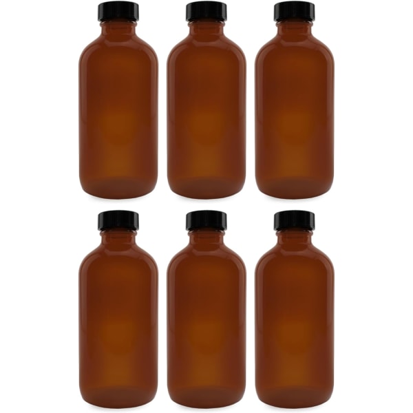 6-pack med 16 ounce bärnstensfärgade glasflaskor; Boston Round-flaskor med polykoniska fenolhattar