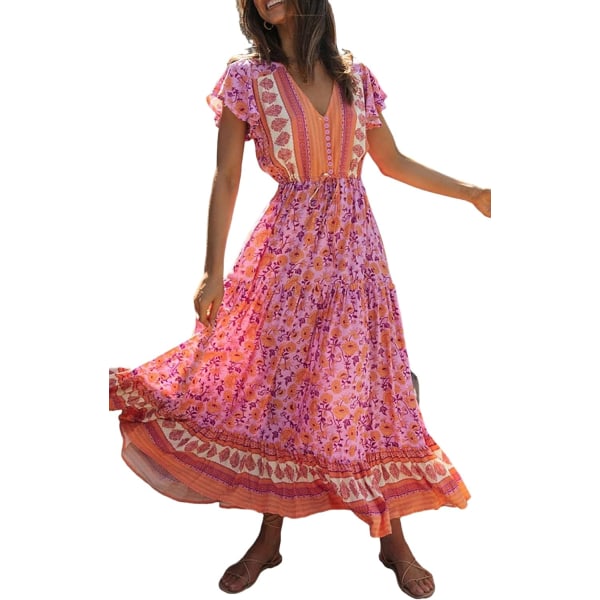 ivimos Dam sommar blommigt print bomull kortärmad flytande klänning Pinkorange Liten