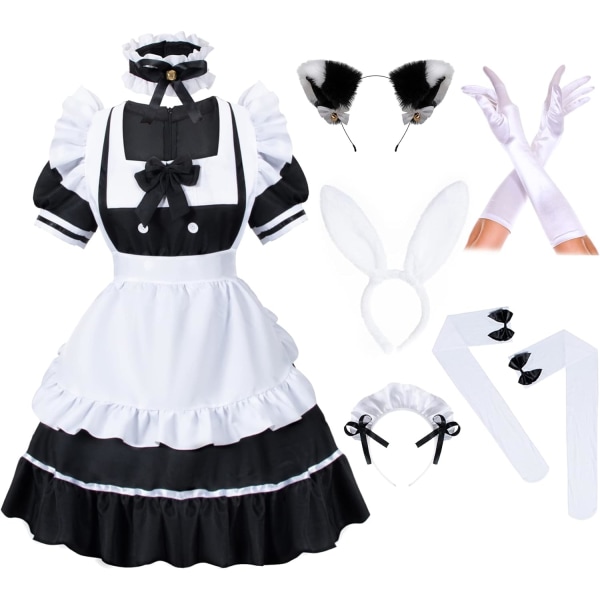 ysh Anime French Girls Bunny Maid Sweet Kawaii Costume Cosplay Dress Furry Cat Ear Handskar Strumpor set Svart 4X-Large