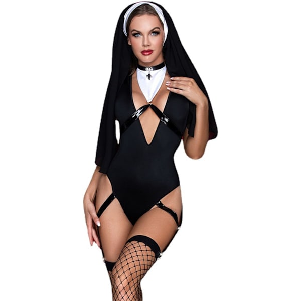 DuoLuo Damkläder Vuxen Sexig Nunna Kostym Halloween Cosplay Syster Uniform Underkläder Set