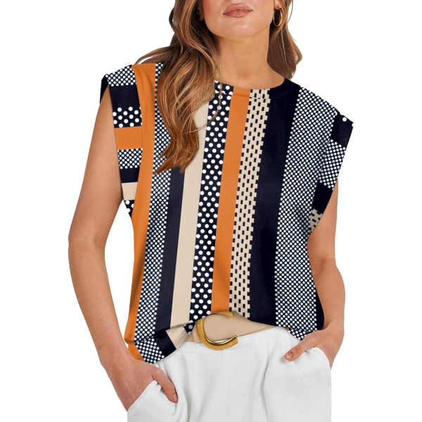 EFAN Cap Sleeve Tops för Dam Sommarskjortor Casual Linnen Basic Tee Shirts Loose Fit 2024 Trendigt print Stripe X-Large