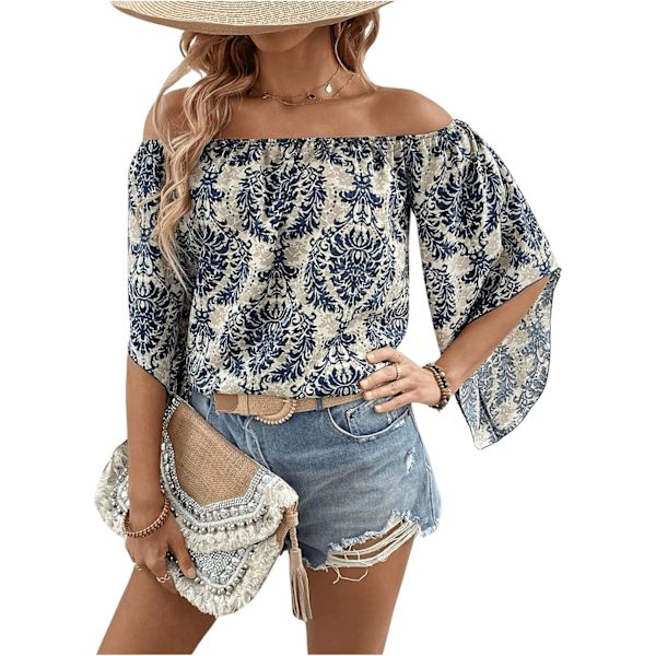 dusa Dam Off Shoulder Shirred Halv Ärm Lös Randig Blus Skjorta Topp Blå Medium