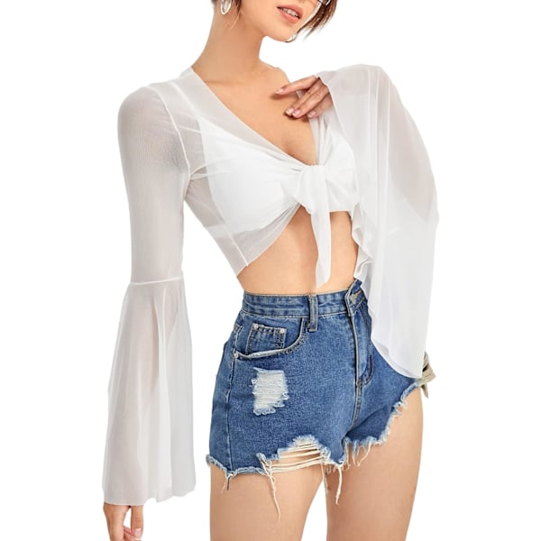 dusa Dam Tie Front Bell Långärmad Blus Genomskinlig Mesh Crop Top Vit Liten