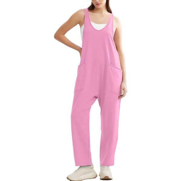EFAN Jumpsuits för kvinnor Casual Summer Dressy Sleeveless Overalls Långa Lösa Baggy Rompers Jumpers Med Ficka 2024 05-rosa Liten
