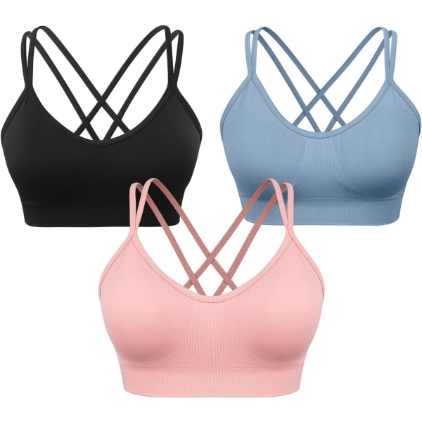 NG Women's Cross rygg Sport-BH Vadderad Strappy Medium Support Yoga BH för träning Fitness 3-pack 3pack (svart+sky+persika Rosa) XX-Large