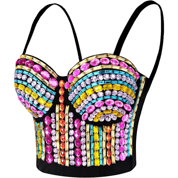 kiss Dam Sexy Rhinestone Bustier Push Up Crop Top Club Party Glitter Ädelsten Korsett Topp BH Svart Medium