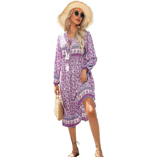ivimos Dam långärmad blommig retro V-ringad tofs bohemisk midiklänning rosa lila X-Large