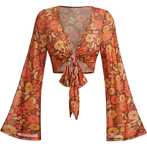dusa Dam 70-tal Toppar Tie Front Bell Långärmad Blommig Tryck Mesh Genomskinlig Blus Crop Toppar Flerfärgad X-Large
