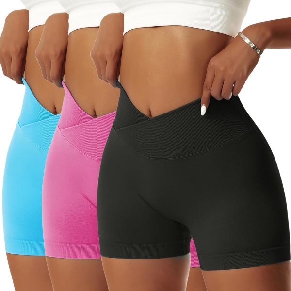 ie Dam Gym Shorts V Cross Elastisk Push Up Yoga Shorts Booty Scrunch Hög Midja Atletiska Leggings 3 st Svart/Rosa/Blå Liten