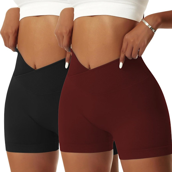 ie Dam GYM Shorts V Cross Elastiska Push Up Yoga Shorts Booty Scrunch Hög Midja Atletiska Leggings 2 st Svart/Tegelsten X-Small