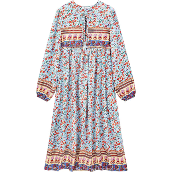 ivimos Dam långärmad blommig retro V-ringad tofs casual bohemisk midiklänningar isblå X-Small