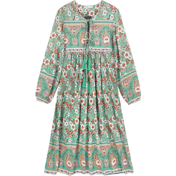 ivimos Dam långärmad blommig tryck retro V-ringad tofs casual bohemisk midiklänningar Cyangreen X-Small