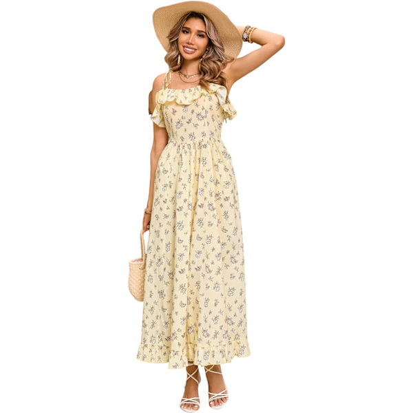 ivimos Dam Sommar Boho Midiklänning Bomull Blommig Tryck Justerbar Spaghetti Rem Casual A-Linje Volang Flytande Strandklänning Gul Liten