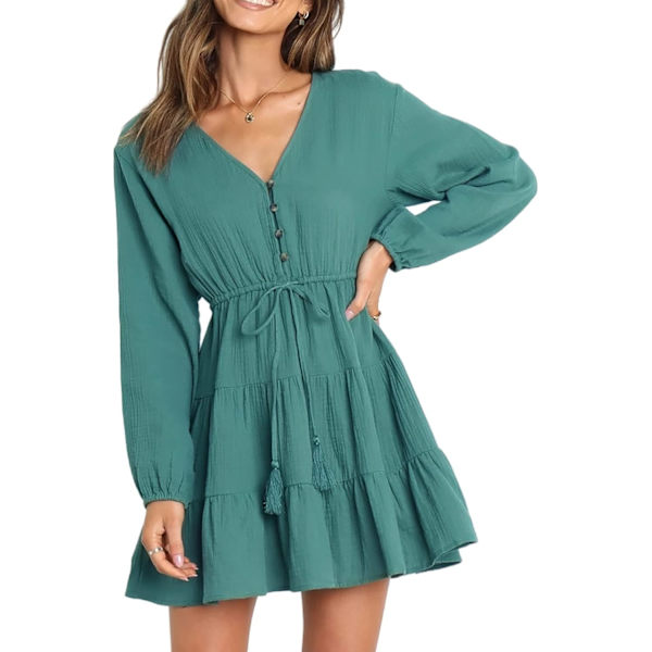 ivimos Dam Fall Vinter Långärmad Bomull V-hals Boho Casual Volang Knapp Ned Skater Miniklänning Grön Stor